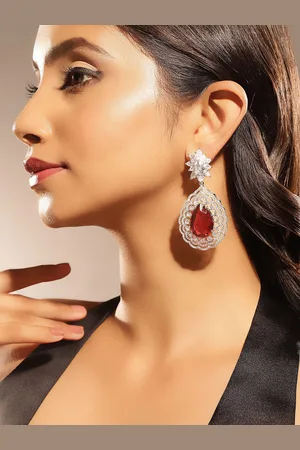 Priyaasi Silver-Plated American Diamond-Stone Studded Teardrop Shaped Drop Earrings