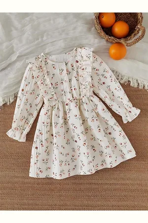 Miss & Chief Girls Floral Printed Ruffles Accordion Pleats Fit & Flare Midi Dress