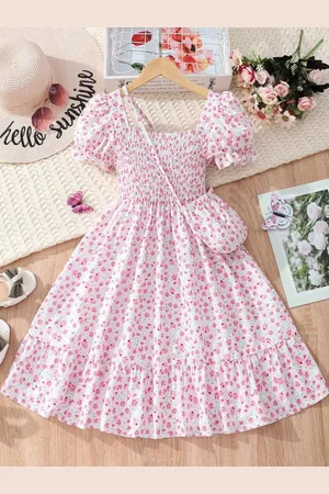 Miss & Chief Girls Floral Printed Smocked Cotton Fit & Flare Maxi Dress