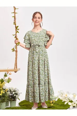Miss & Chief Girls Floral Printed Flutter Sleeve A-Line Maxi Dress