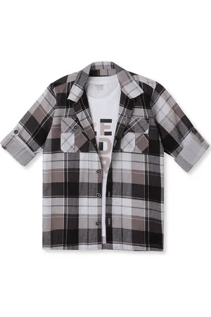 CAVIO Boys Cuban Collar Tartan Checked Cotton Casual Shirts & T-Shirt