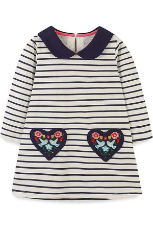 LULU & SKY Girls Striped Embroidery Detail Cotton Peter Pan Collar Long Sleeves Dress