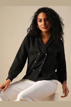 Globus Monochrome Women Shawl Lapel Cuffed Sleeves Crepe Shirt Style Top