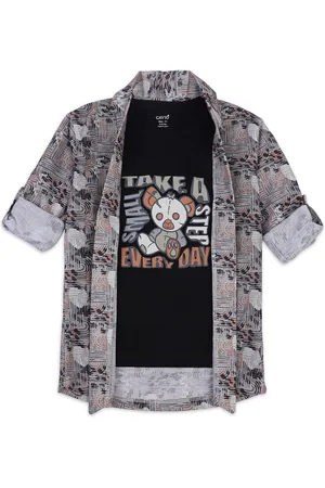 CAVIO Boys Geometric Printed Shawl Collar Jacket With T-shirt