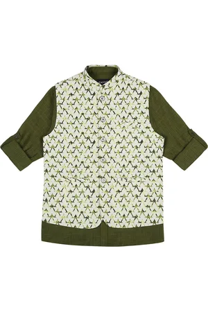 CAVIO Boys Printed Pure Cotton Mandarin Collar Slim Fit Nehru Jacket With Shirt
