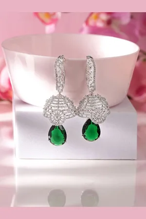 Priyaasi Silver-Plated American Diamond Stone Studded Dome Shaped Jhumkas