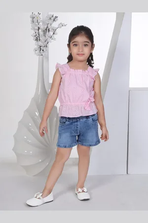 Peppermint Girls Self Design Square Neck schiffli Top with Denim Shorts