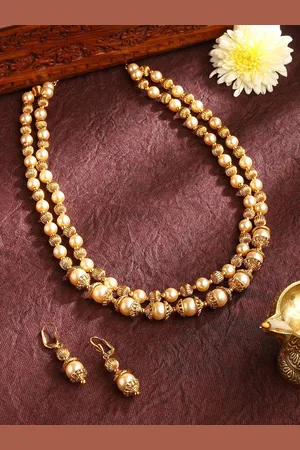 Priyaasi Gold-Plated Pearls Gold Ball Sequence Two Layered Jewellery Set