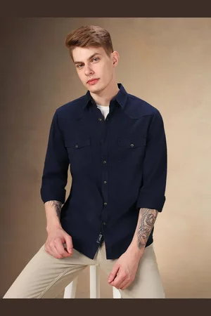 Dennis Lingo Men Spread Collar Solid Cotton Relaxed Fit Casual Shirt