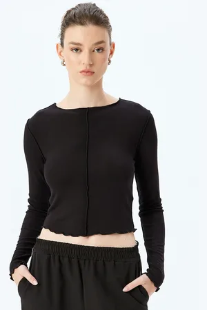 Koton Women Mandarin Collar Raw Edge T-shirt