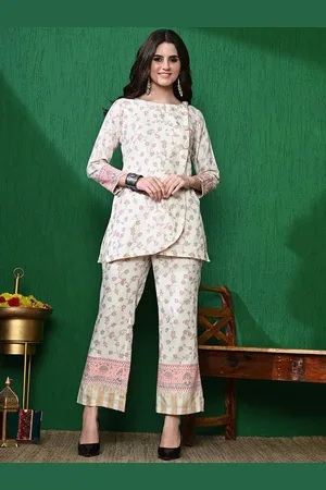 Sangria Floral Woven Design Winter Pashmina Tunic With Trousers