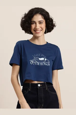 HERE&NOW Curious Cat Women Printed Pure Cotton Crop T-shirt