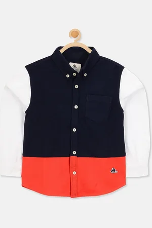 Cherry Crumble Boys Navy Blue & Orange Regular Fit Colourblocked Casual Shirt