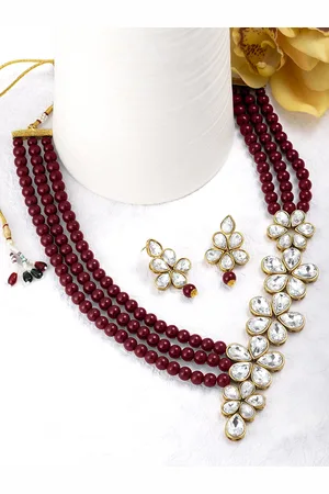Peora Gold-Plated & Maroon Floral Crystal & Pearl Studded Jewellery Set