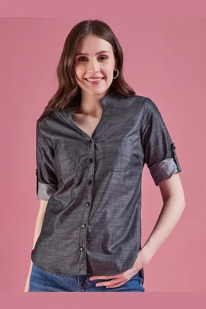 DressBerry Women Classic Mandarin Collar Solid Denim Casual Shirt