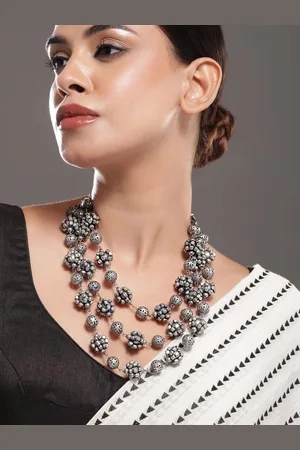 Rubans Oxidised Silver-Plated Triple-Layered Floral Bead Statement Necklace for Women