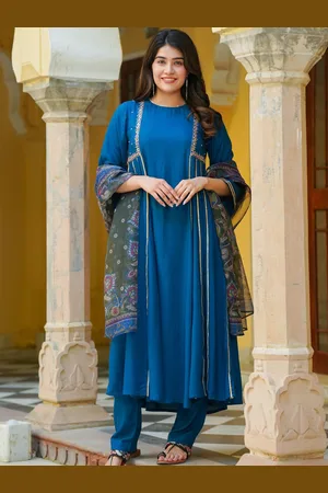 Ambraee Floral Yoke Design Panelled Kurta with Trousers & Dupatta