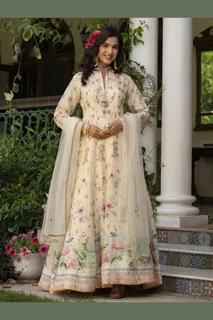 SCAKHI Women Floral Printed Anarkali Gown With Net Embroidered Dupatta