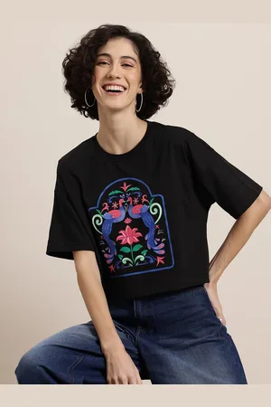 HERE&NOW Women Printed Drop-Shoulder Sleeves Boxy T-shirt