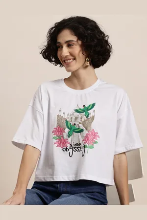 HERE&NOW Women Printed Drop-Shoulder Sleeves Boxy T-shirt