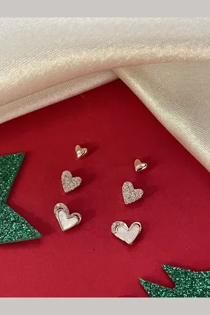 Digital Dress Room Set of 3 Gold Plated AD Studded Heart Shaped Studs Earrings