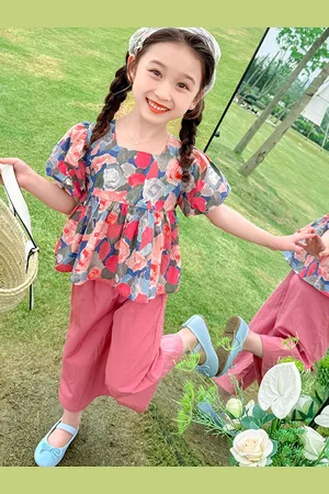 LULU & SKY Girls Printed Square Neck Short Sleeves Top With Trouser