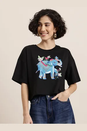 HERE&NOW Women Printed Drop-Shoulder Sleeves Boxy T-shirt