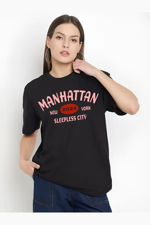Mast & Harbour Women Typography Printed Round Neck Pure Cotton Oversized T-shirt