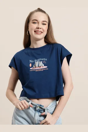 HERE&NOW Curious Cat Women Printed Pure Cotton Crop T-shirt