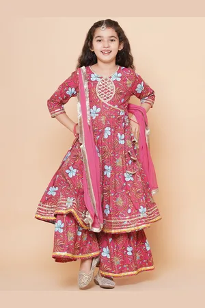 Bhama Girls Floral Printed Gotta Patti Pure Cotton Angrakha Kurta Set