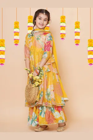 Bhama Girls Floral Printed Angrakha Anarkali Kurta & Sharara with Dupatta
