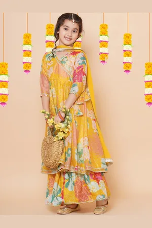 Bhama Girls Yellow Floral Printed Angrakha Gotta Patti Kurta with Sharara & With Dupatta