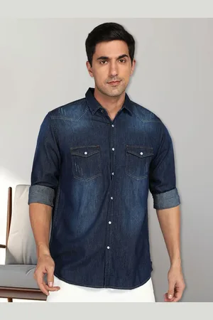 Kuons Avenue Smart Slim Fit Faded Spread Collar Pocket Denim Casual Shirt