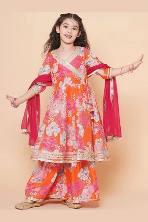 Bhama Girls Floral Printed Angrakha Anarkali Kurta & Sharara With Dupatta
