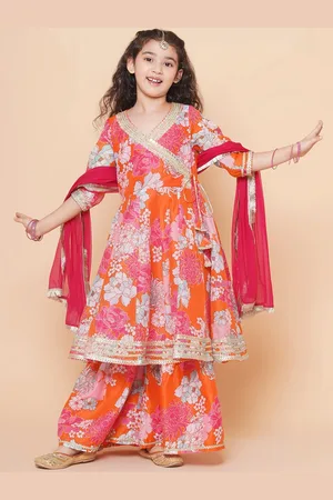 Bhama Girls Floral Printed Angrakha Gotta Patti Kurta with Sharara & Dupatta
