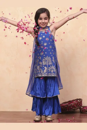 Biba Girls Floral Embroidered Regular Thread Work Kurta with Sharara & With Dupatta