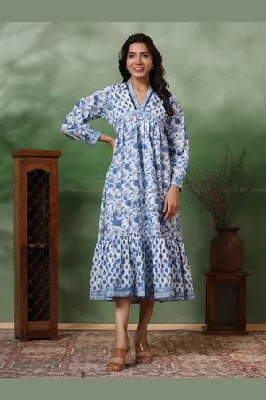 FASHOR Women Floral Printed Cotton A-Line Midi Dress