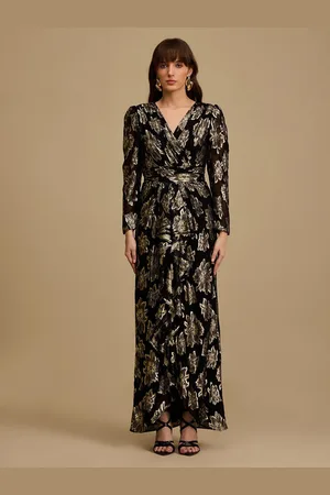 Kazo Embellished V-Neck Puff Sleeves Wrap Maxi Dress