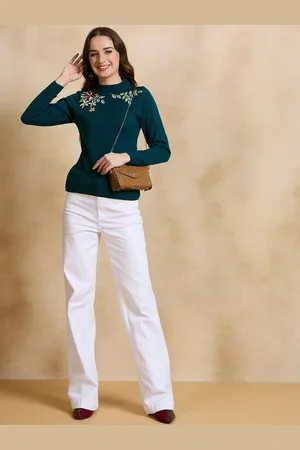 CLAPTON Women Embroidered Round Neck Woollen Pullover with Embroidered Detail