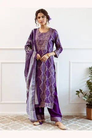 Ishin Purple Bandhani Printed Round Neck Straight Kurta With Palazzos & Dupatta