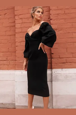LULU & SKY Women Puff Sleeve Sheath Midi Dress