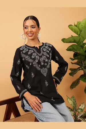 ADAM Co. Women Black & White Chikankari Embroidered Pure Cotton Kurti