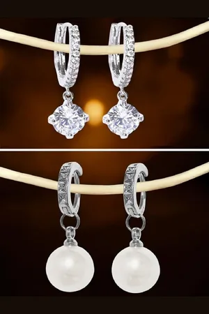 DressBerry Set of 2 Silver-Toned & White CZ-Studded Drop Earrings
