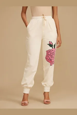 Kazo Women Floral Printed Mid-Rise Relaxed Loose Fit Joggers Cotton Trousers
