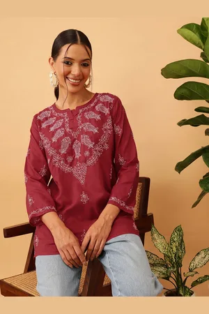 ADAM Co. Women Maroon & White Chikankari Embroidered Pure Cotton Straight Kurti