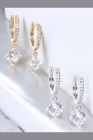 DressBerry Pack of 2 Gold & Silver-Toned CZ-Studded Contemporary Drop Earrings