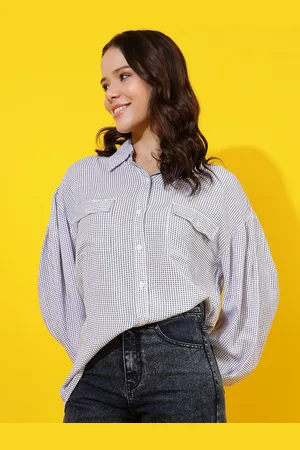 KOTTY Women Comfort Spread Collar Micro Checked Cotton Oversized Casual Shirt