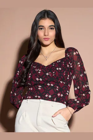 kibo Women Printed Sweetheart Neck Puff Sleeve Top