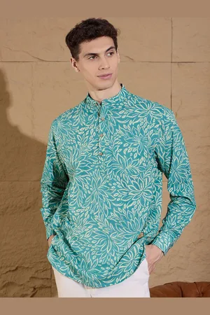 DENNISON Floral Printed Pure Cotton Band Collar Straight Kurta