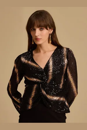 Kazo Women Sequined Embellished V-Neck Puff Sleeves Top